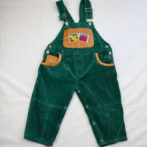 Vintage 90s Green Corduroy Overalls 18M Farm Animal Cottagecore Snap Romper